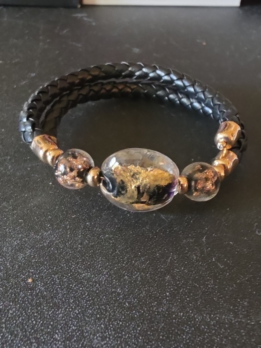 Avon Animal Impression Coil Bracelet-Black Braided with Gold Accent Glass Beads